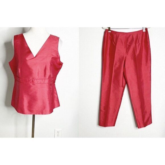 Vintage Talbots 100% Silk 2pc Suit Set Red Sleeveless Top Pants Women's Sz 12 - Picture 1 of 6